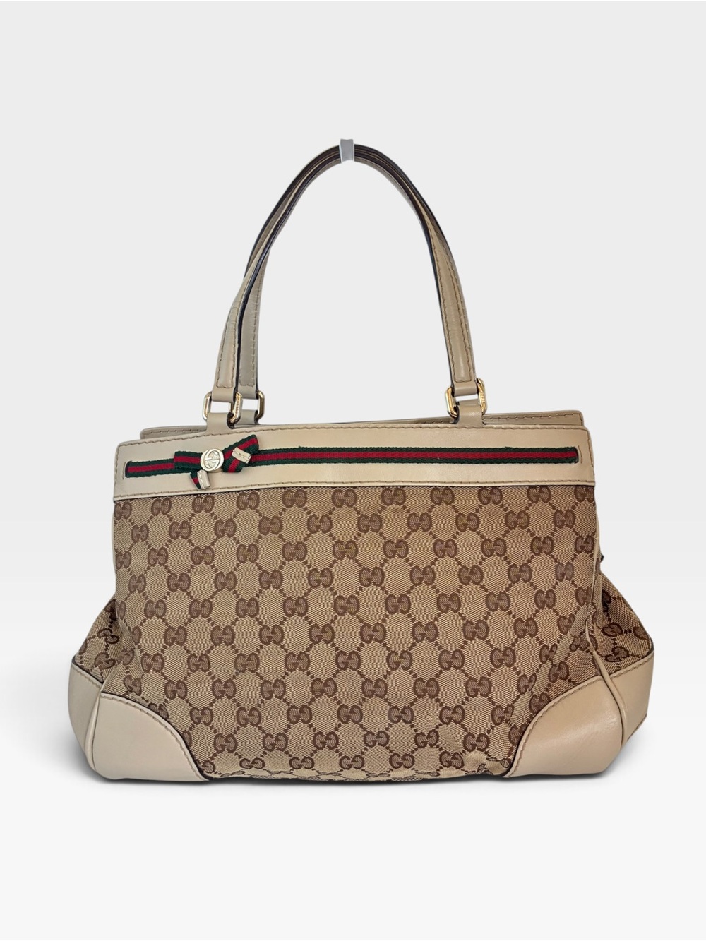 Gucci Vintage GG Monogram Canvas Web Stripe Bow Tote Shoulder Bag Beige